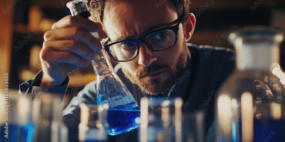 Poster a close-up captures a chemist pouring blue liquid from a flask into a graduated cylinder, surrounded