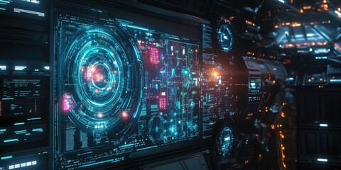 Fototapeta premium A futuristic digital communication hub with advanced holographic displays that facilitate efficient global connectivity.