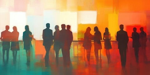Fototapeta premium Indistinct figures at a corporate gathering featuring abstract background elements and gentle ambient lighting.