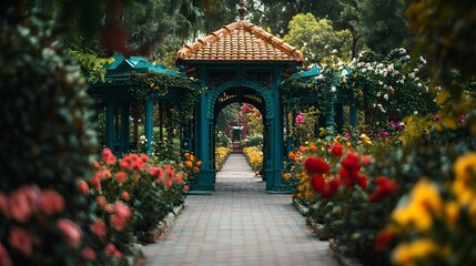 Teal Gazebo Garden Path Floral Beauty