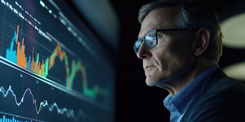 A senior manager assesses financial performance by analyzing multiple charts displayed on a large screen within a modern office layout, showing a serious expression.