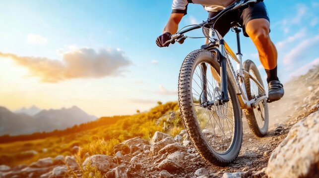 Mountain Biker Navigating a Rocky Trail at Sunrise with Beautiful Natural Landscape in the Background