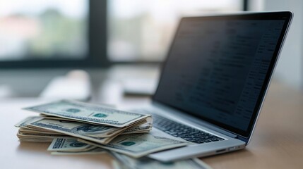 Close-up of Dollar Bills on Table Next to Laptop in Contemporary Setting with Natural Light