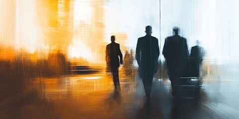 A blurred corporate meeting backdrop reveals a digital signature pad and stylus, presented in an abstract environment.