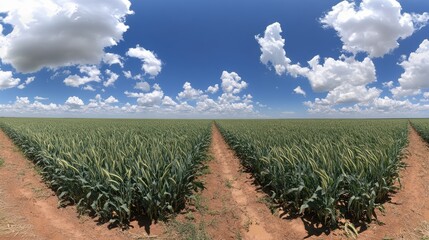 Fototapeta premium A wide-angle view of an agricultural field with storm-damaged wheat plants.