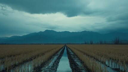 A wide landscape view of a stormy horizon over a waterlogged wheat field.