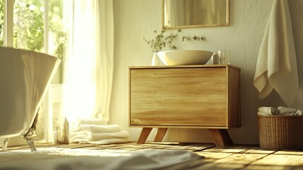 A wooden commode in a Scandinavian-themed space paired with soft textiles.
