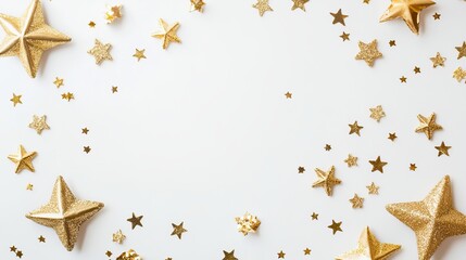 Gold frame with shimmering gold stars on white background, elegant flat lay design with copy space for festive decorations