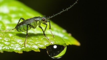 Fototapeta premium Green insect on leaf with water droplet.