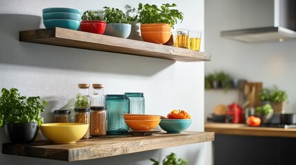Floating wooden shelves in a compact kitchen, displaying vibrant glassware and bowls.