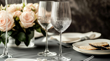 Fototapeta premium Elegant Romantic Dinner Setting. Wine glasses, gourmet food & roses on beautifully set table. Intimate dining for two. Perfect for special occasions & romance.