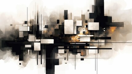Abstract Geometric Composition in Black, White, and Brown Hues: A Digital Painting of Interlocking Shapes and Lines