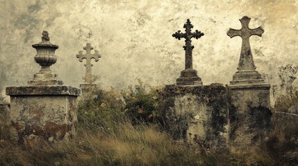 Traditional cemetery arrangement with varied grave markers, sculptural stone crosses on decorative platforms, wild grass and natural debris, weathered marble textures, mystical environmental