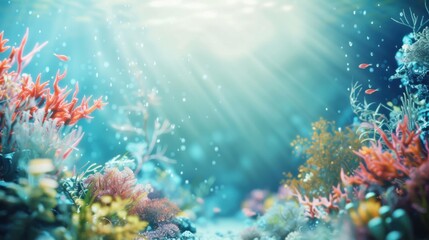 Fototapeta premium a dreamy underwater scene with exotic marine life and vibrant coral reefs, No objects, white space in the center of the page for text