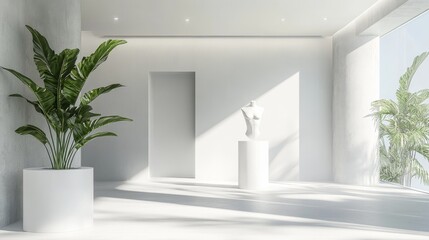 Fototapeta premium Contemporary retail presentation with floating torso form, pristine white cylindrical pedestal base, tropical foliage accent piece, diffused daylight atmosphere, minimalist fashion photography,