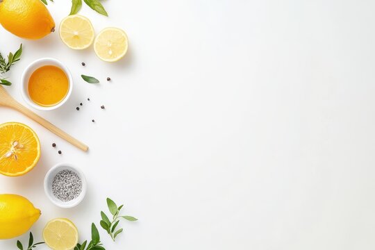 Citrus, honey, spices, white background; recipe mockup
