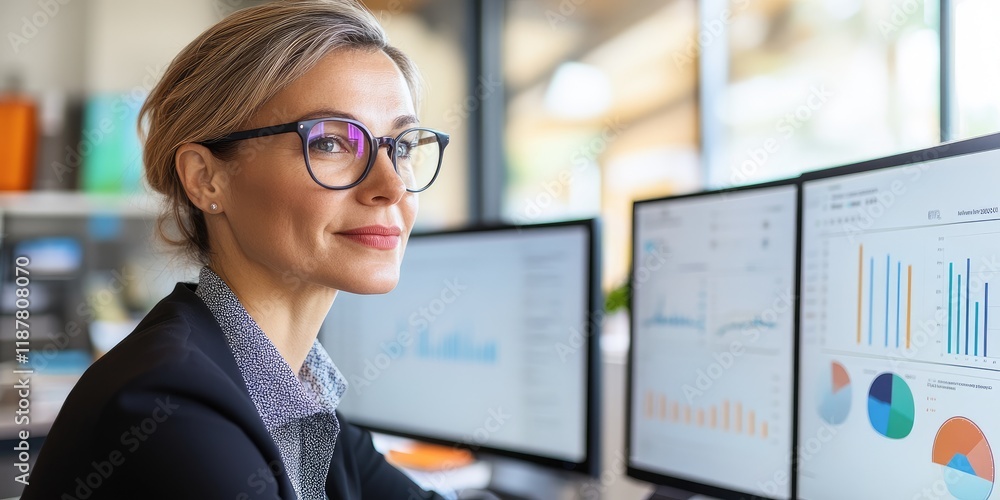 Leinwandbilder A corporate manager reviews digital reports in a sophisticated office environment, utilizing multiple screens while maintaining a serious and professional demeanor.