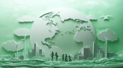 Obraz premium Sustainable living paper art composition, half earth globe design, green city skyline, environmental friendly urban scene, family silhouettes in nature, wind energy turbines, cycling elements,