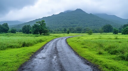 Scenic winding road through lush green landscape with mountains under cloudy sky in rural countryside