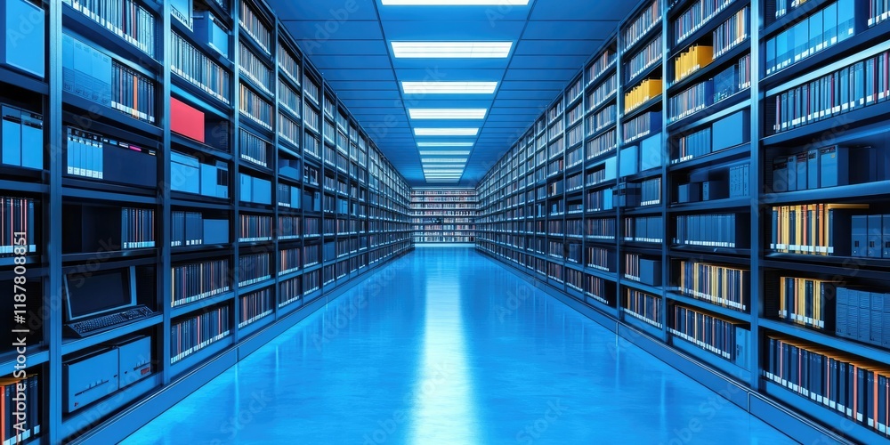 Poster a futuristic media archiving system featuring advanced search capabilities for quick and efficient a