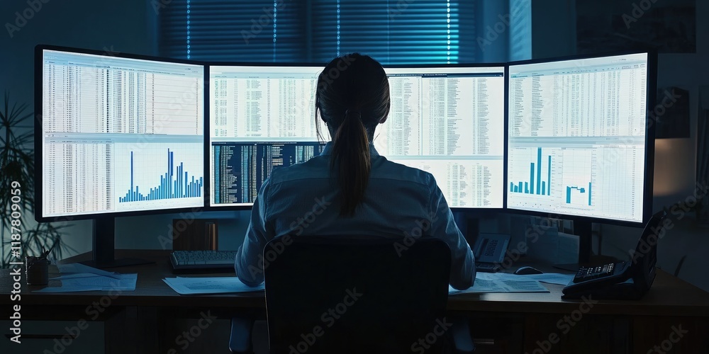 Leinwandbilder A financial manager evaluates quarterly reports with spreadsheets displayed on screen in an organized and methodical manner within a high-end office.
