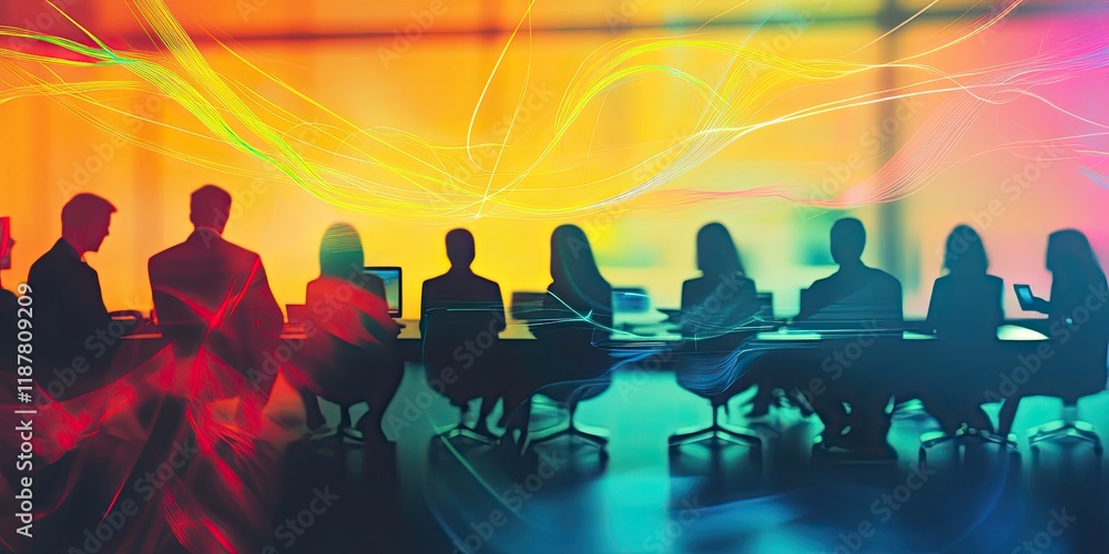 Poster a blurred background of a business meeting with colorful lines connecting various tech devices, sign