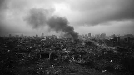 Apocalyptic metropolitan view, dense smoke clouds ascending, modern city ruins, scattered debris field, dark brooding sky, architectural destruction scene, monochrome disaster landscape