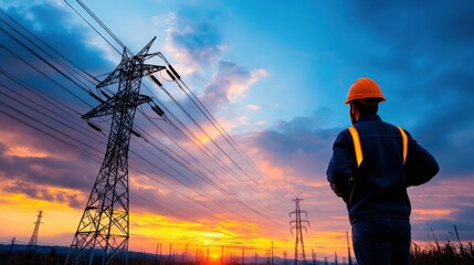 Electrician Watching Sunset Over Power Lines with Bright Clouds in the Background
