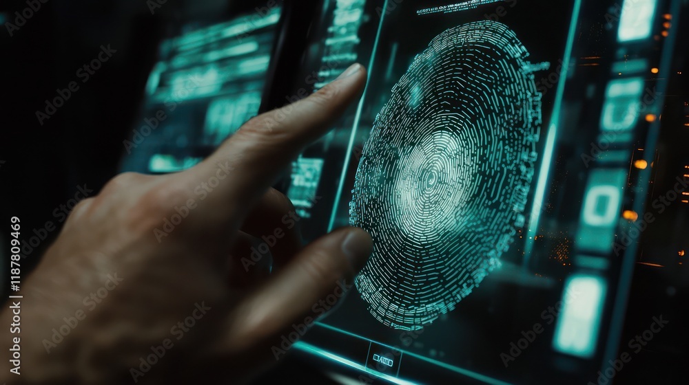 Poster an individual employs biometric authentication on a device for enhanced security.