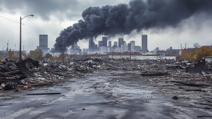 Devastated urban environment, towering black smoke plumes, metropolitan skyline view, shattered concrete foreground, foreboding storm atmosphere, architectural destruction scene, dark dramatic mood