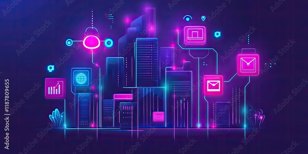 Poster a futuristic business network with neon lines connecting devices and icons across a city skyline, re