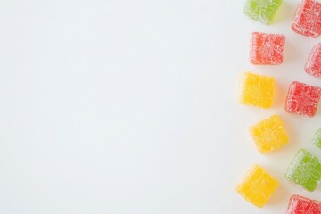 Colorful jelly candies arranged on white background, copy space