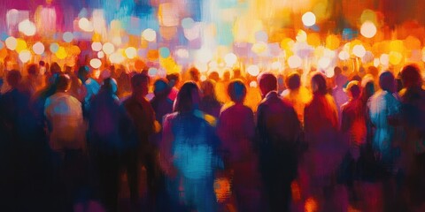 Abstract portrayal of a crowded business meeting featuring blurred individuals and vibrant lights.