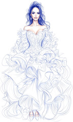 Fototapeta premium A woman is wearing a white dress with a long train. The dress is very elaborate and has a lot of ruffles. The woman is standing in front of a white background