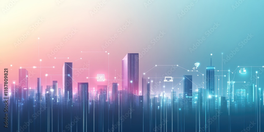 Poster a digital cityscape featuring lines connecting smart devices and internet icons, symbolizing iot and