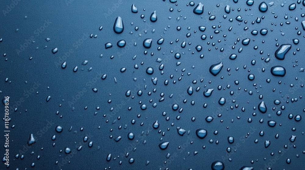 Poster close-up of water droplets on a dark blue background creating a textured visual effect