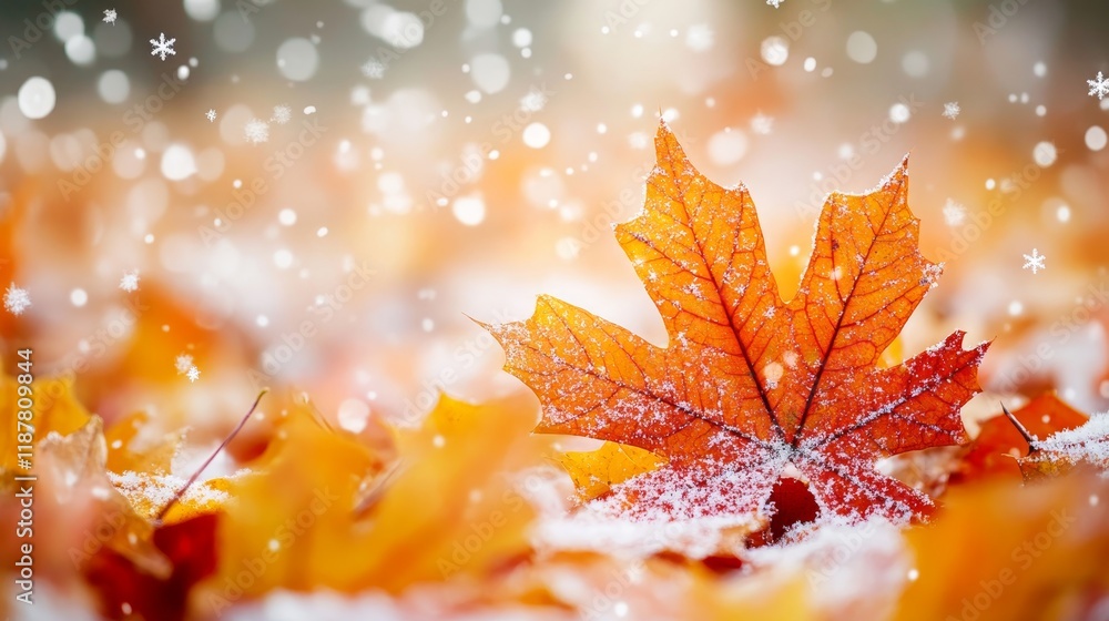 Poster fallen red maple leaf on snow-dusted autumn ground with soft bokeh background