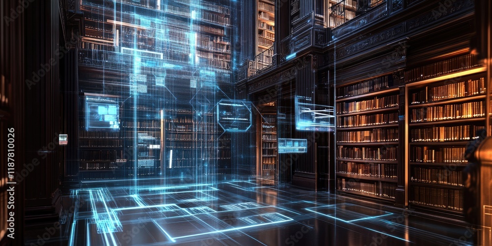 Poster an advanced digital library interface featuring holographic bookshelves that allow users to access i