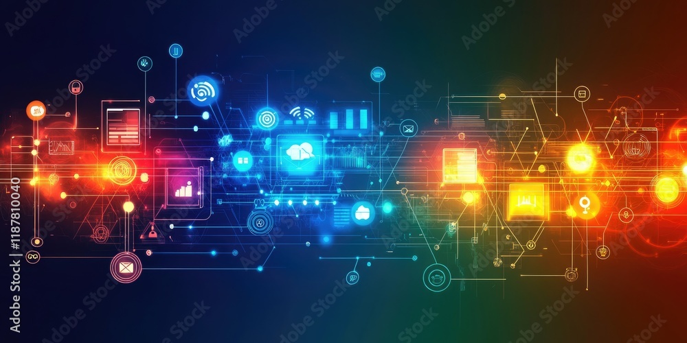 Poster An abstract background with glowing lines and nodes linking business icons and data points, highlighting online communication.
