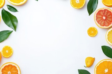 Citrus fruit border on white background, food blog mockup