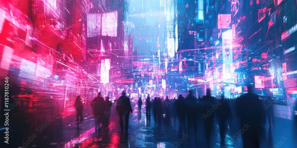 Poster a blurred city image with neon lines connecting individuals and devices, representing digital commun