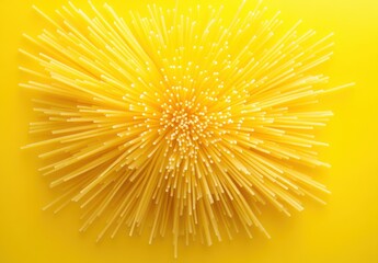 Fototapeta premium Artistic Arrangement of Uncooked Pasta Strands on a Bright Yellow Background Showcasing Creativity and Texture in Culinary Photography
