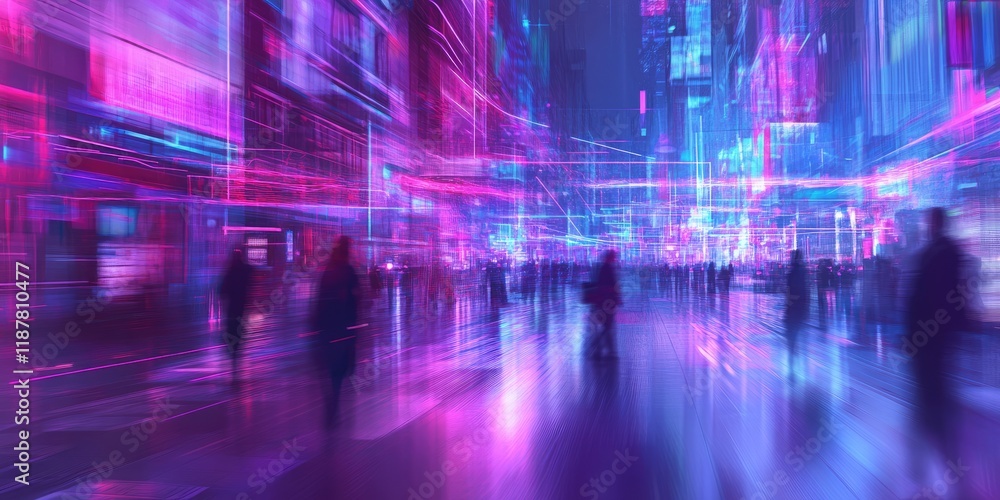 Poster a blurred city image with neon lines connecting individuals and devices, representing digital commun
