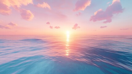 Obraz premium Serene ocean sunset with pastel sky and calm waves.
