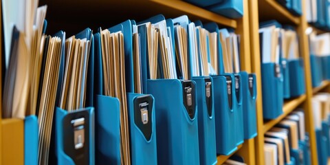 Obraz premium A corporate professional organizes both digital and physical files in an efficient workspace, maintaining focus and attention to detail.