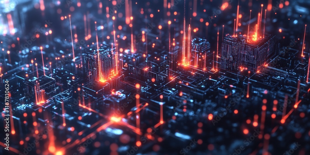 Poster an abstract digital representation of a cityscape with glowing lines that connect various buildings,