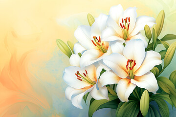 Naklejka premium A painting of three white lilies with orange centers. The background is a mix of blue and yellow