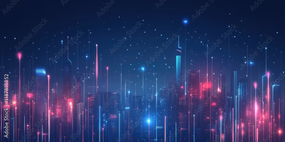 Poster An abstract digital representation of a cityscape with glowing lines that connect various buildings, illustrating a smart city IoT network and technology concept.