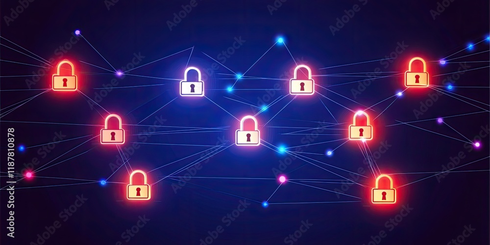 Poster a cybersecurity framework diagram featuring interconnected nodes, illuminated lines, and padlock ico