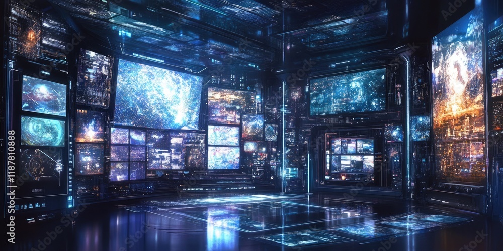 Poster a futuristic media content production suite featuring high-tech tools that enable seamless creation 